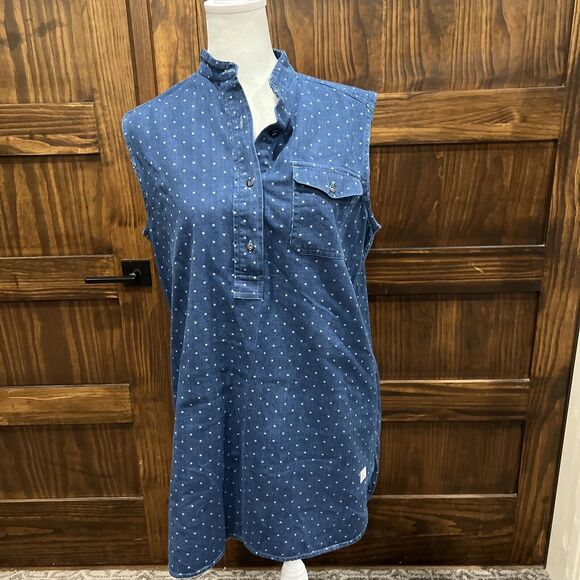 LRL Lauren Jeans Tunic Shirt Women S Sleeveless Polka Dot Denim Button Chambray - Picture 6 of 16